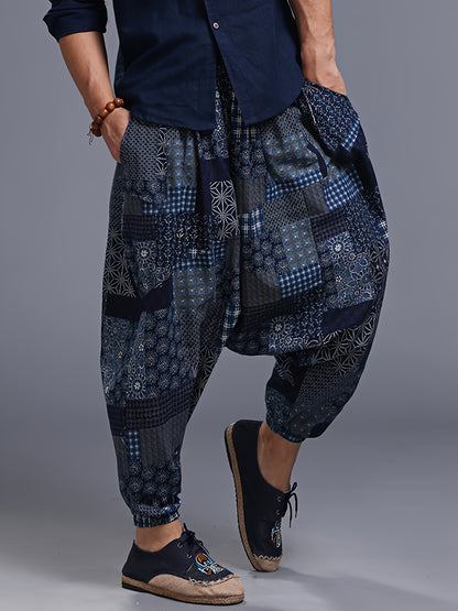 Men'S Stylish 100% Loose Colorful Fans Pattern Pants with Pockets, Casual Breathable Comfy Trousers for City Walk Street Hanging Outdoor Activities