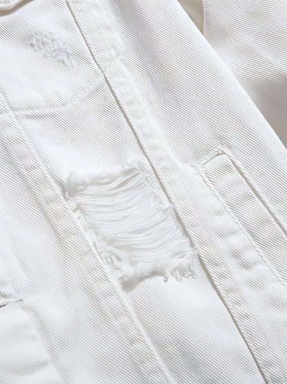 A Straightforward And Stylish Denim Jacket for Men, Featuring a Clean White Minimalist Design, Robust Washed Irregular Perforations, a Relaxed Fit for Added Comfort, a Single-Row Button Closure with an Open Front, And a Trendy, Cool Aesthetic