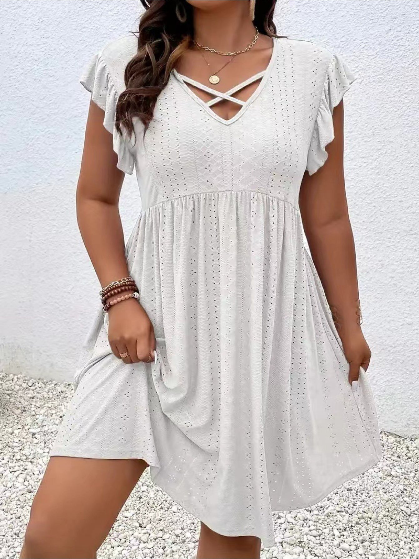 Plus Size - Summer Plus-Size Women'S Hollow-Out Embroidered Dress - Cross V-Neck with Ruffled Short Sleeves And a Flared Skirt, Made of Lightweight Breathable Fabric, Available in Sizes L-5XL, Suitable for Beach Or Casual Wear