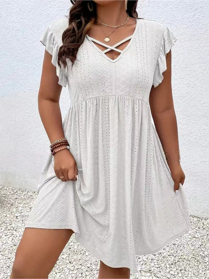 Plus Size - Summer Plus-Size Women'S Hollow-Out Embroidered Dress - Cross V-Neck with Ruffled Short Sleeves And a Flared Skirt, Made of Lightweight Breathable Fabric, Available in Sizes L-5XL, Suitable for Beach Or Casual Wear