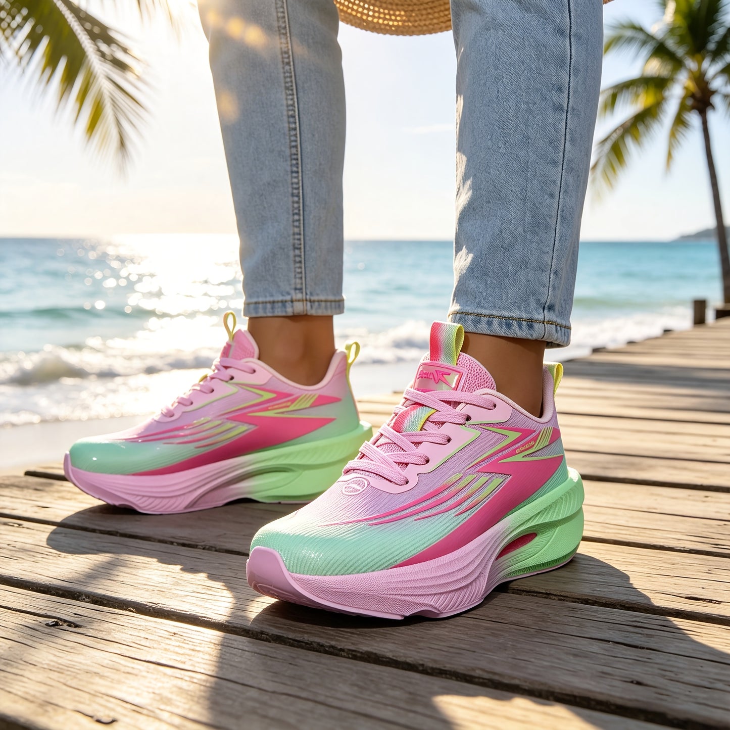 Women's Multi-Color Carbon Plate Sneakers, Lightweight Zero-Drop Cushioned Running Shoes, Breathable Mesh Fashion Versatile Sneakers for Training Travel Ball Games