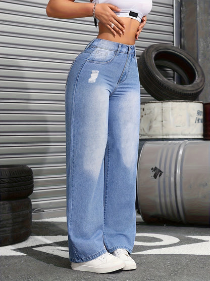 Women's High-Waisted Stretch Denim Jeans - Relaxed Wide-Leg Distressed Blue Pants with Zipper Closure, Machine Washable Elegant Casual Office Wear for All Seasons, Classic Blue Wash Rugged Style, High Waisted Jeans, Versatile Bottoms, Comfortable Fit, Wor