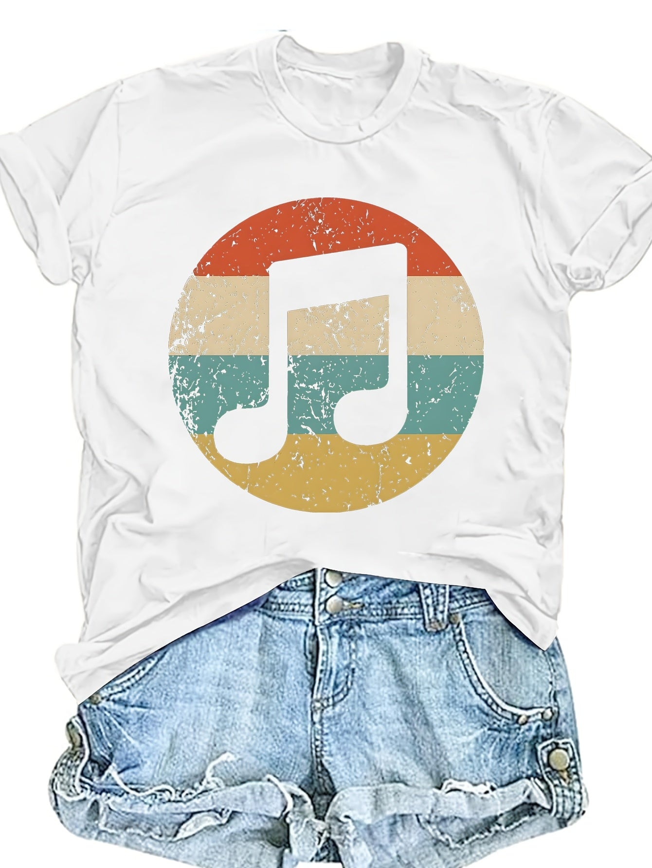 Women's Casual Music Note & Rest Signature () T-Shirt - Round Neck Short Sleeve Top, Non-Transparent Fabric Suitable for Festivals, Concerts & Daily Wear - Machine Washable Musical Score Blouse