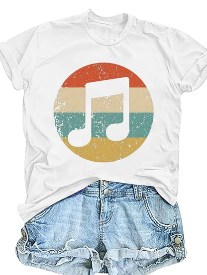 Women's Casual Music Note & Rest Signature () T-Shirt - Round Neck Short Sleeve Top, Non-Transparent Fabric Suitable for Festivals, Concerts & Daily Wear - Machine Washable Musical Score Blouse