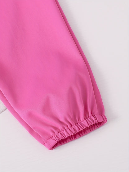 2pcs Girls' Rose Pink and Pink Zipper Hoodie Top with Rose Pink Long Pants Casual Set, Perfect for Outdoor