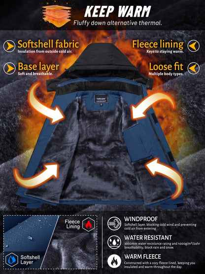 Men'S Winter Ski Jackets Warm Fleece Lined Coats Waterproof Windproof Hooded Thermal Outdoor Parka Thick Sport Hiking Jogging Camping Fishing Climbing Traveling Skiing Snowboarding Casual Windbreaker