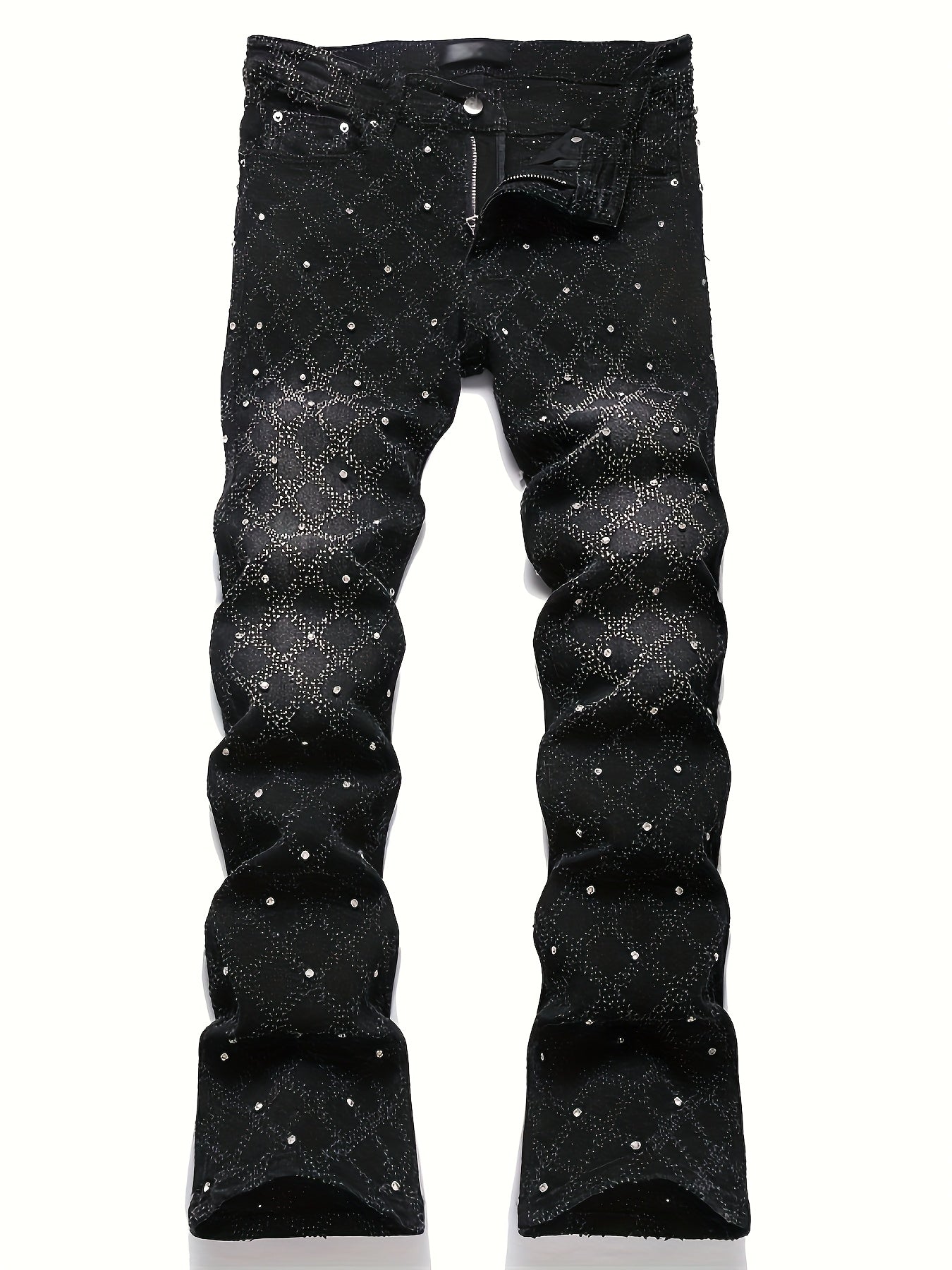 Y2K Men's Shiny Rhinestone Embellished Stretch Slim-Fit Jeans, Casual Street Style Hip-Hop Skateboarding Rap Pants, Machine Washable - All-Season Wear