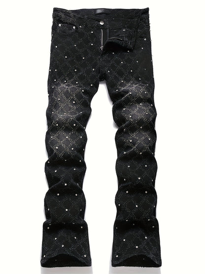 Y2K Men's Shiny Rhinestone Embellished Stretch Slim-Fit Jeans, Casual Street Style Hip-Hop Skateboarding Rap Pants, Machine Washable - All-Season Wear