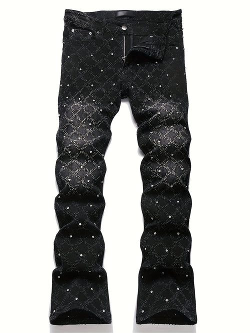 Y2K Men's Shiny Rhinestone Embellished Stretch Slim-Fit Jeans, Casual Street Style Hip-Hop Skateboarding Rap Pants, Machine Washable - All-Season Wear