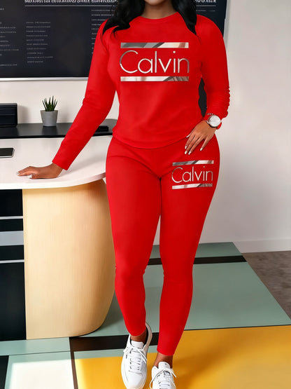 Women'S All-Season Casual Two-Piece Set - Oversized Round Neck Sweatshirt & Wide-Leg Pants with Letter Print, Soft Round-Neck Long Sleeve Outfit in /, Comfortable Casual Attire for Work, Semi-Formal Events & Everyday Outfits - Easy-Care Fabric