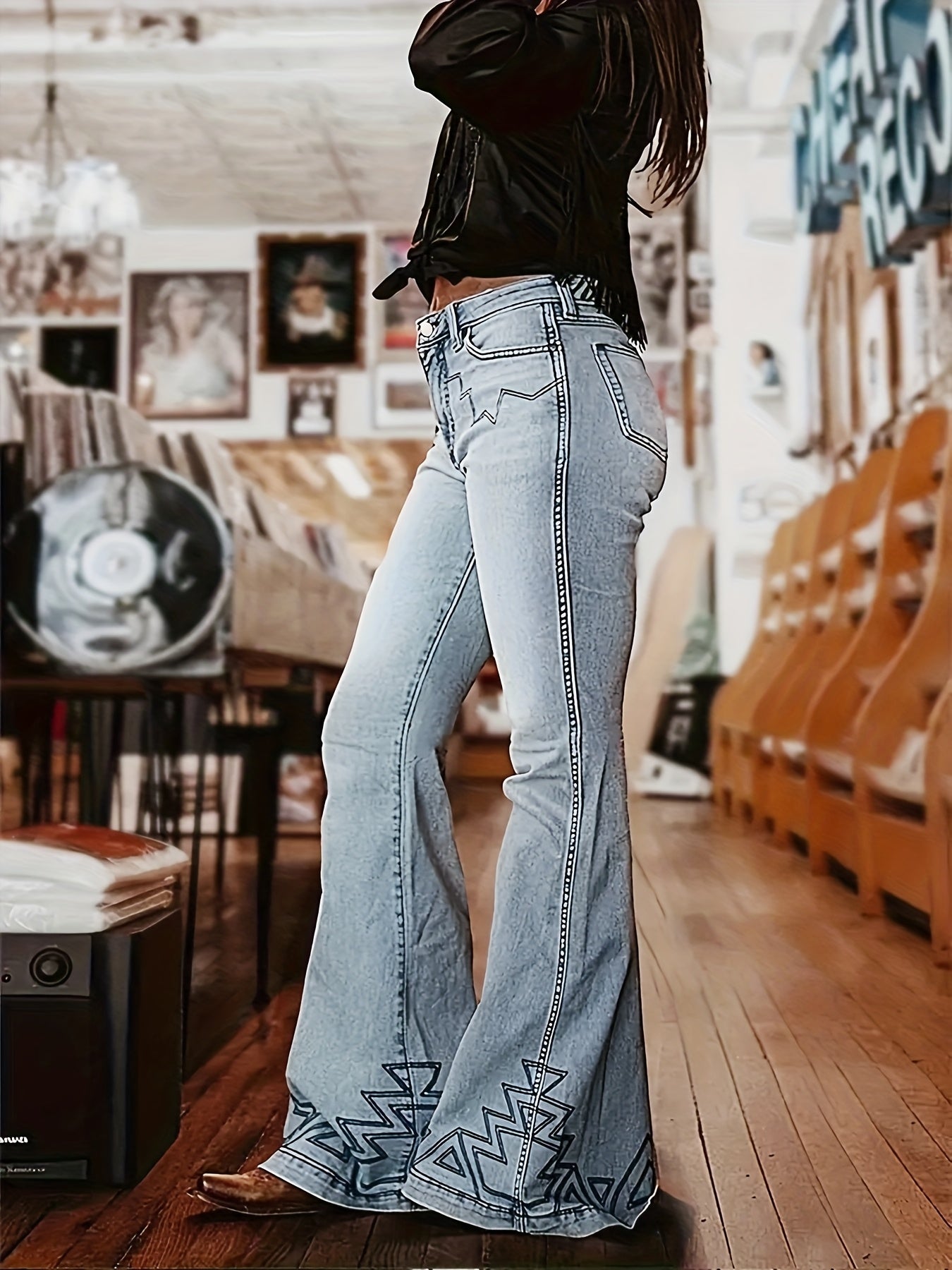 High-Waisted Flare Jeans with Geometric Hem Design, Light Blue Denim, Western Style