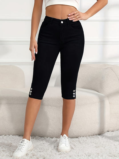 Women's Cropped Elastic Denim Mid Length Pants with Button Closure And Functional Pockets, Casual Style Cut Jeans, Comfortable for Daily Use