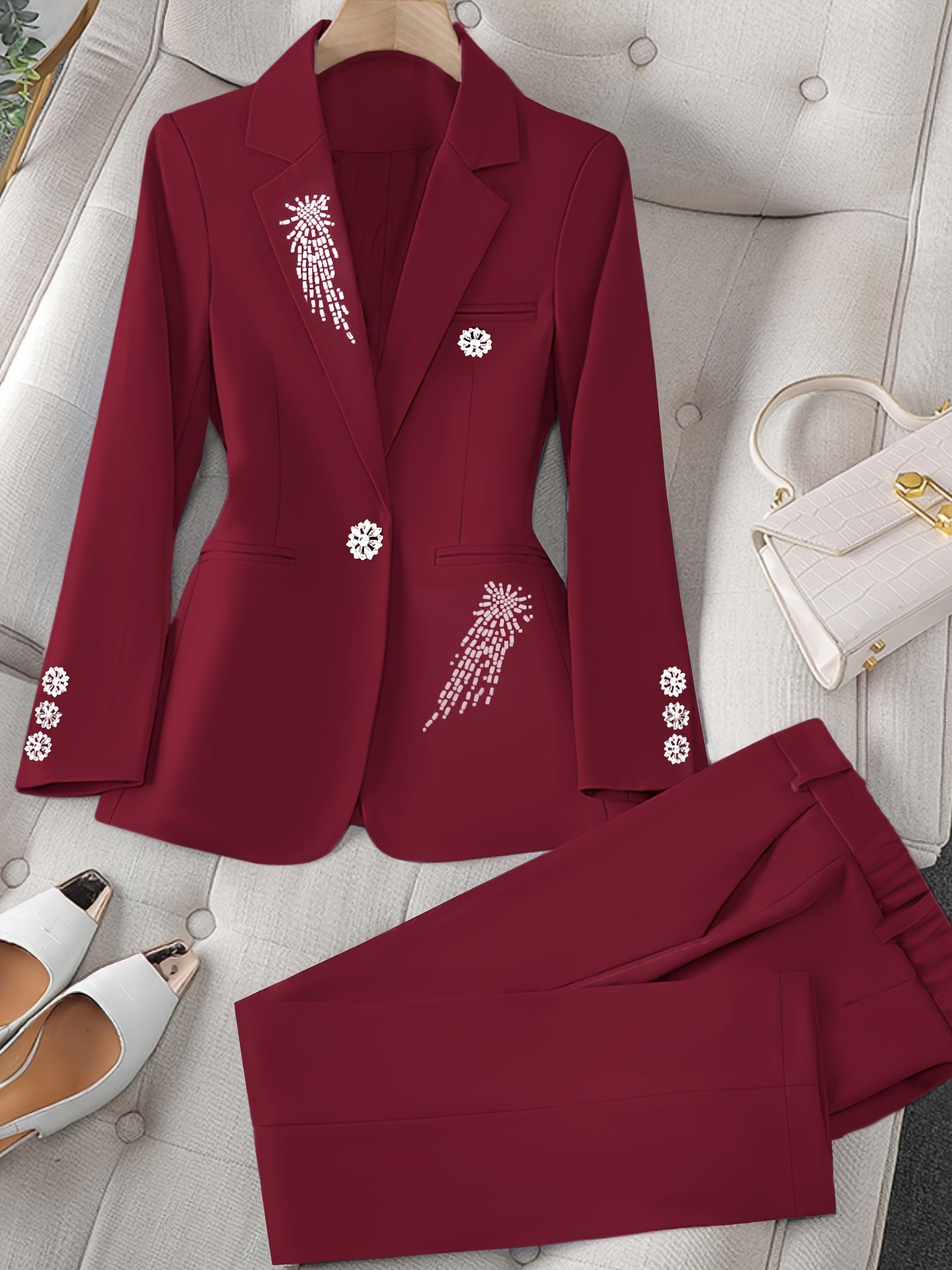 Women's 2pcs Rhinestone Embellished Suit Set, Elegant Lapel Blazer & Straight Pants, Black Formal Business Outfit for Work Party Wedding