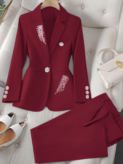 Women's 2pcs Rhinestone Embellished Suit Set, Elegant Lapel Blazer & Straight Pants, Black Formal Business Outfit for Work Party Wedding