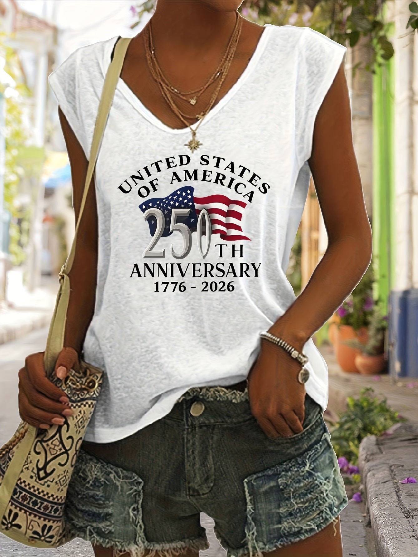Plus Size, Plus Size Casual Vneck Sleeveless White Tshirt with American Flag 250th Anniversary Print, Perfect for Home, Outdoors, or Gifting| Ideal for Valentine's Day, and More