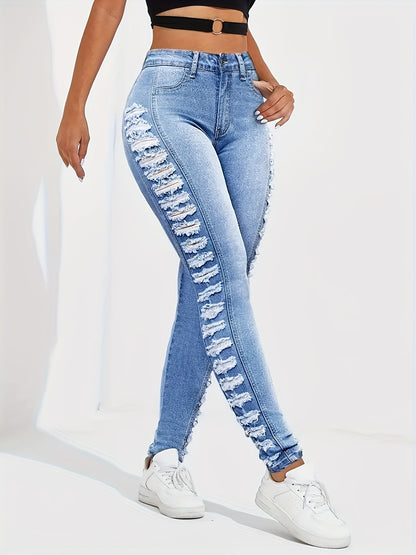 Women's High-Waisted Jeans with Side Ripped Detail - Stretchy All-Season Casual Pants, Machine Washable & No Belt Needed