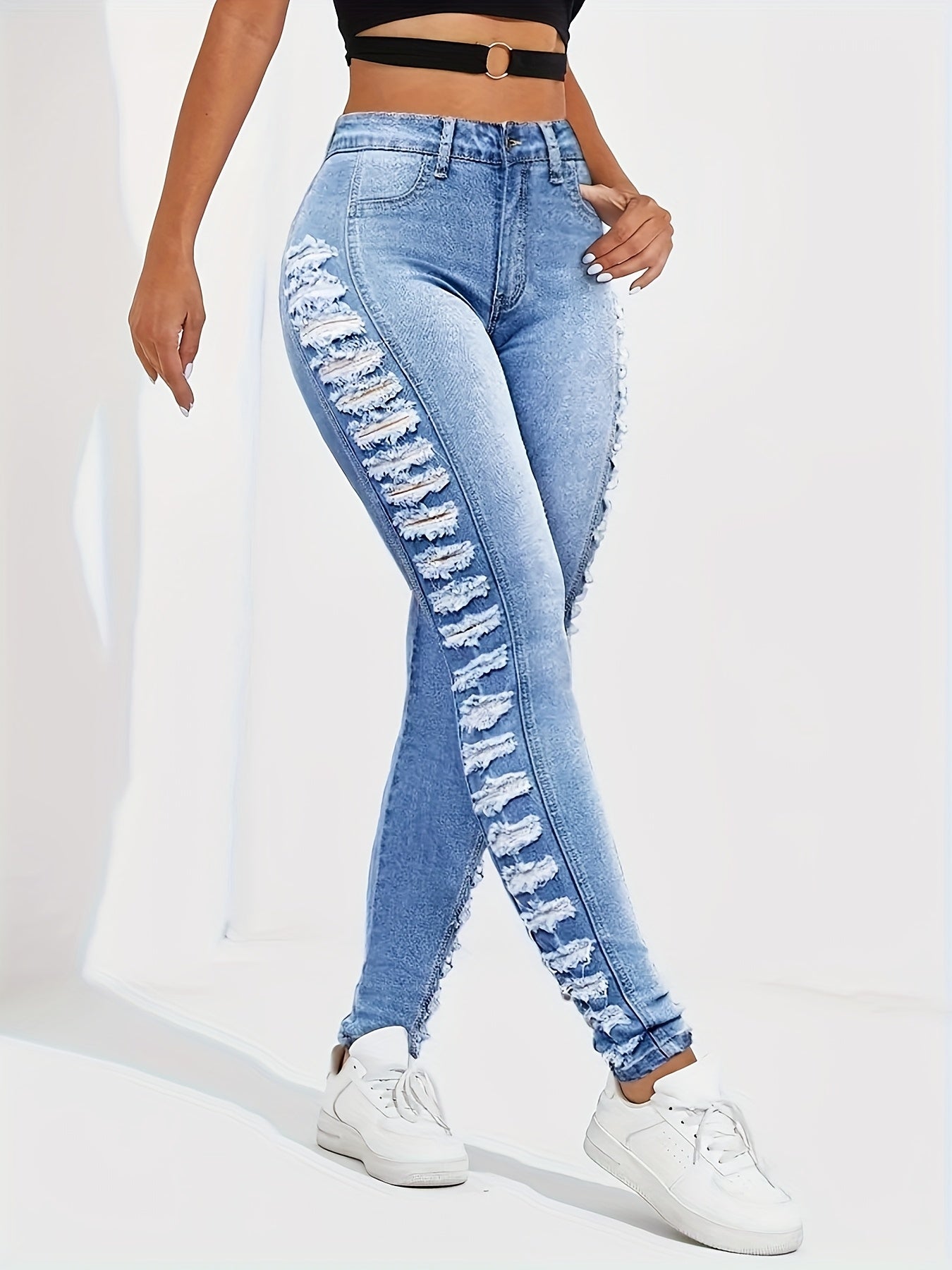 Women's High-Waisted Jeans with Side Ripped Detail - Stretchy All-Season Casual Pants, Machine Washable & No Belt Needed