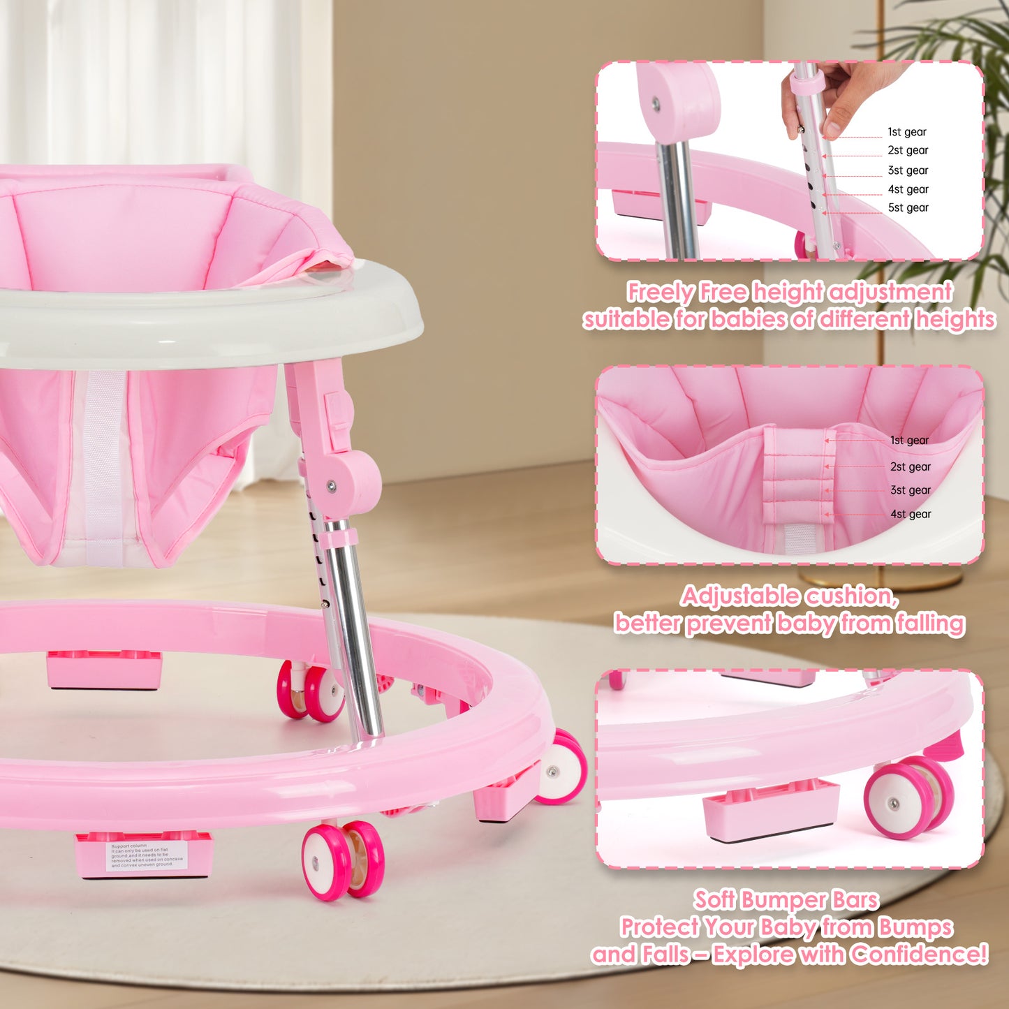 Baby Walker Foldable with 9 Adjustable Heights, Baby Walkers and Activity Center for Boys Girls Babies 6-12 Months, Baby Walker and Bouncer Combo with Wheels Portable Anti-Rollover, Mother's Choice