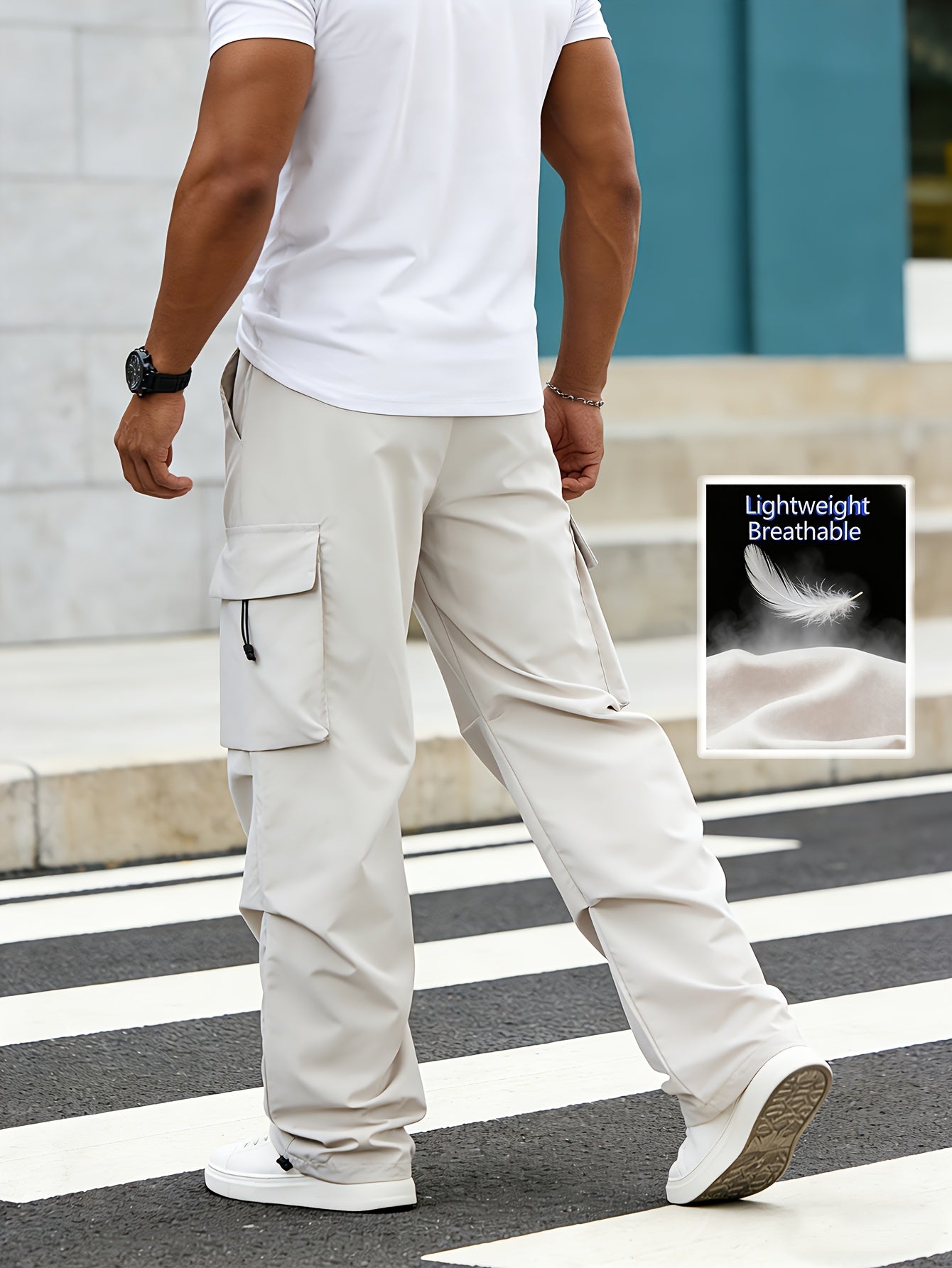 Lightweight Breathable Cargo Trousers for Men, Featuring an Elastic Waistband with a Drawstring, Loose Wide Legs, Multiple Pockets, And Quick-Dry Fabric, Ideal for Outdoor Hiking, Streetwear, Everyday Use, And All-Season Fashion