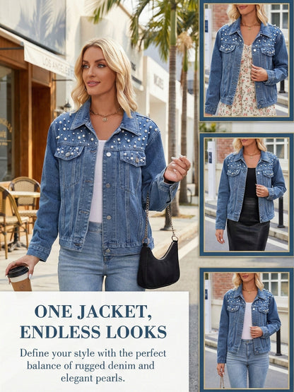 [Pearl Beaded Denim] Women's Denim Jacket, Pearl Beaded, Front Button, Blue Wash Denim, Suitable for Casual, Party, Etc., Party Coat | Pearl Embellished Denim