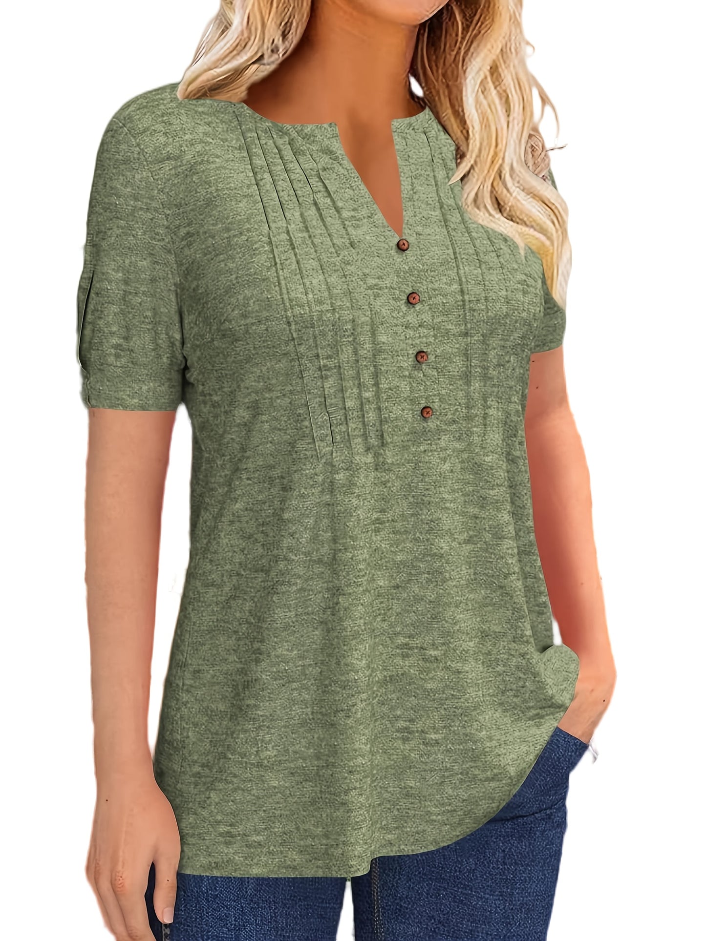 Casual Short-Sleeve T-Shirt for Women, Featuring a Pleated Design And V-Neck in Solid Colors, Perfect for Summer