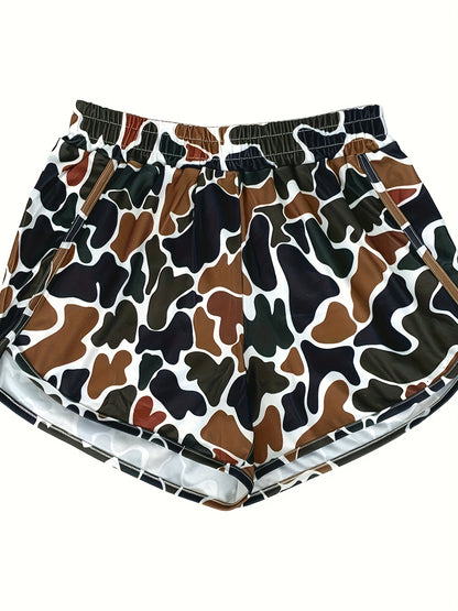 Camouflage Shorts - Green Brown Camo Elastic Waist with Drawstring, Durable Polyester Shorts Suitable for Park Strolling, Home & Outdoor Activities, Spring Summer Casual Wear, Camo Shorts for Everyday Use
