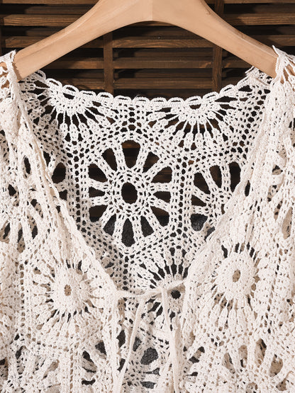 Bohemian-Style Cardigan with a Hollow V-Neck And Bell Sleeves, Featuring Ties, Perfect for Spring And Summer