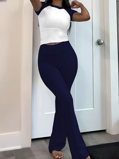 Leisure Women'S Two-Piece Round Neck T-Shirt And Low-Waisted Flared Pants Set Streetwear