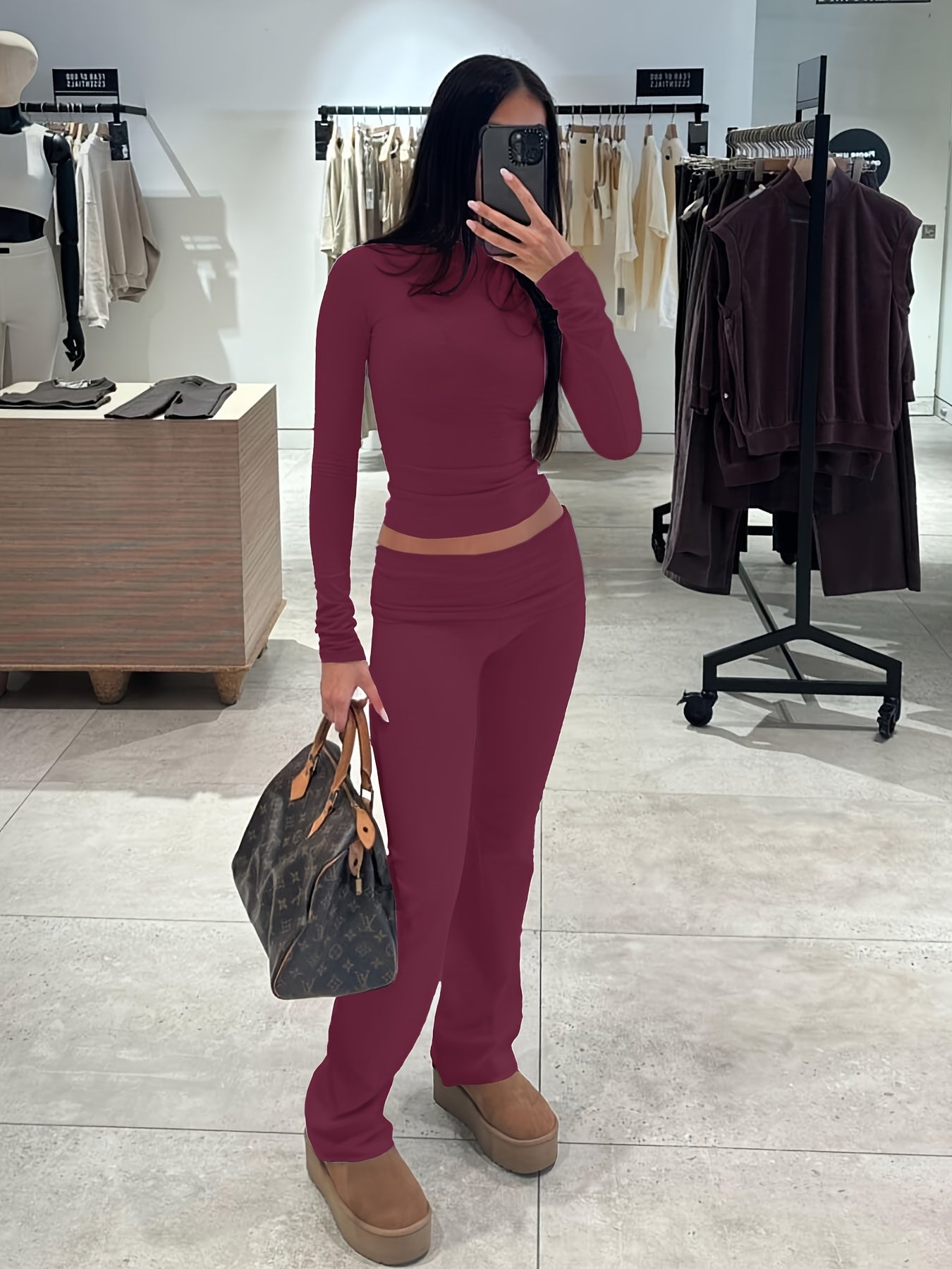 Casual Two Piece Outfits Long Sleeve High Waist Fold-Over Flare Flared Leggings Pants Sets Streetwear