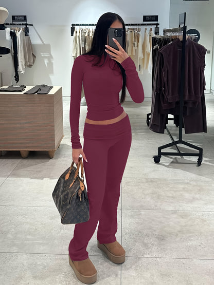 Casual Two Piece Outfits Long Sleeve High Waist Fold-Over Flare Flared Leggings Pants Sets Streetwear