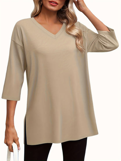 Three-piece Women's Fashion Large 3/4 Sleeve Top, V-neck y Casual Side-slit Shirt, Loose Basic Seven-quarter Sleeve T-shirt