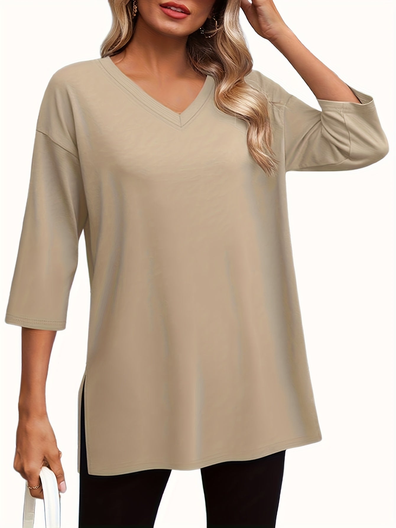 Three-piece Women's Fashion Large 3/4 Sleeve Top, V-neck y Casual Side-slit Shirt, Loose Basic Seven-quarter Sleeve T-shirt