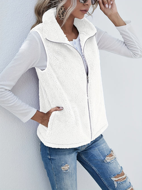 Lightweight Sleeveless Cardigan with a Zipper, Featuring Double-Sided Fleece, Perfect for Autumn And Winter, Complete with Pockets