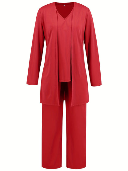 ZAFUL Women's Casual Business Long Sleeve Cardigan, V-Neck Vest Top, Straight Leg Trousers, Fashion Commuter Three-Piece Suit