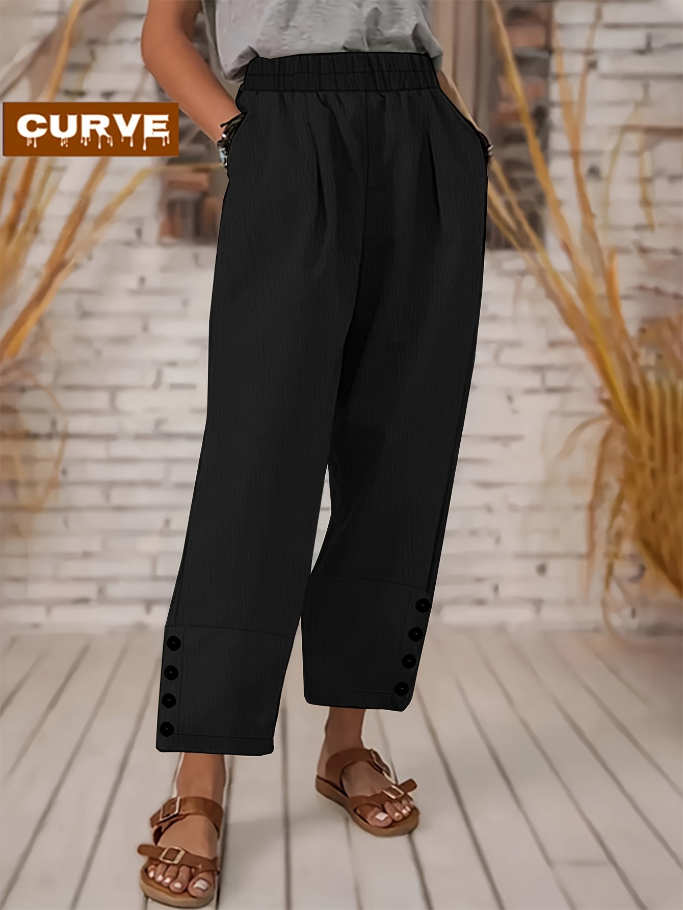Plus Size - Spring&Summer Plus Size Women'S Casual Straight Pants- High Waisted, Trendy Button Design, Comfortable Fabric - Comfortable, Classic, And Versatile Casual Wear For Work Or Daily Life PIUS Size Trousers