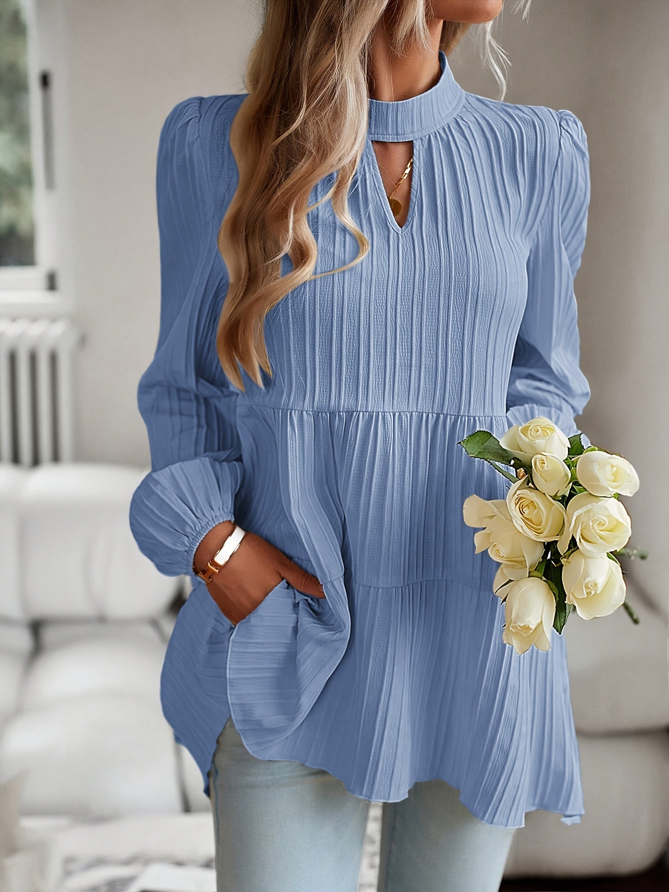 ZAFUL Women's Elegant Ribbed Shirt - Loose Fit Long Sleeve Oversized Blouse, Solid Color Round Neck Tunic Top, Machine Washable Loose Layers for Spring/Autumn & Year-Round Wear (Non-)