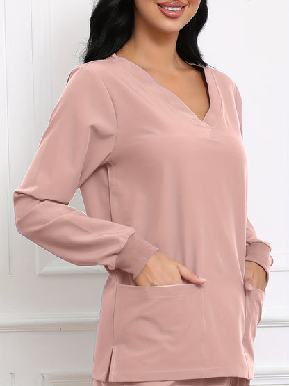 Women's V-Neck Long Sleeve Matte Breathable S Uniform Pockets Wash Clothes Work Shirt Scrubbing Top