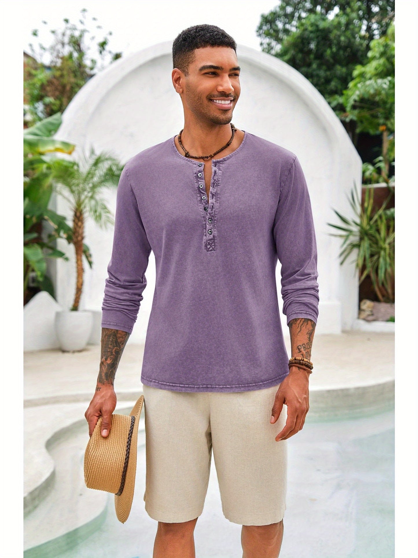 Men'S Distressed Henley Shirts with Front Placket, Retro Long Sleeve T-Shirts, Casual Button- Washed T-Shirts for Men