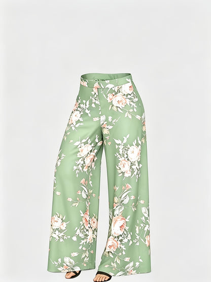 Plus Size - New Women'S Solid Color Top And Printed Pants Chiffon Fashion Style Set Top And Pants Two Piece Set