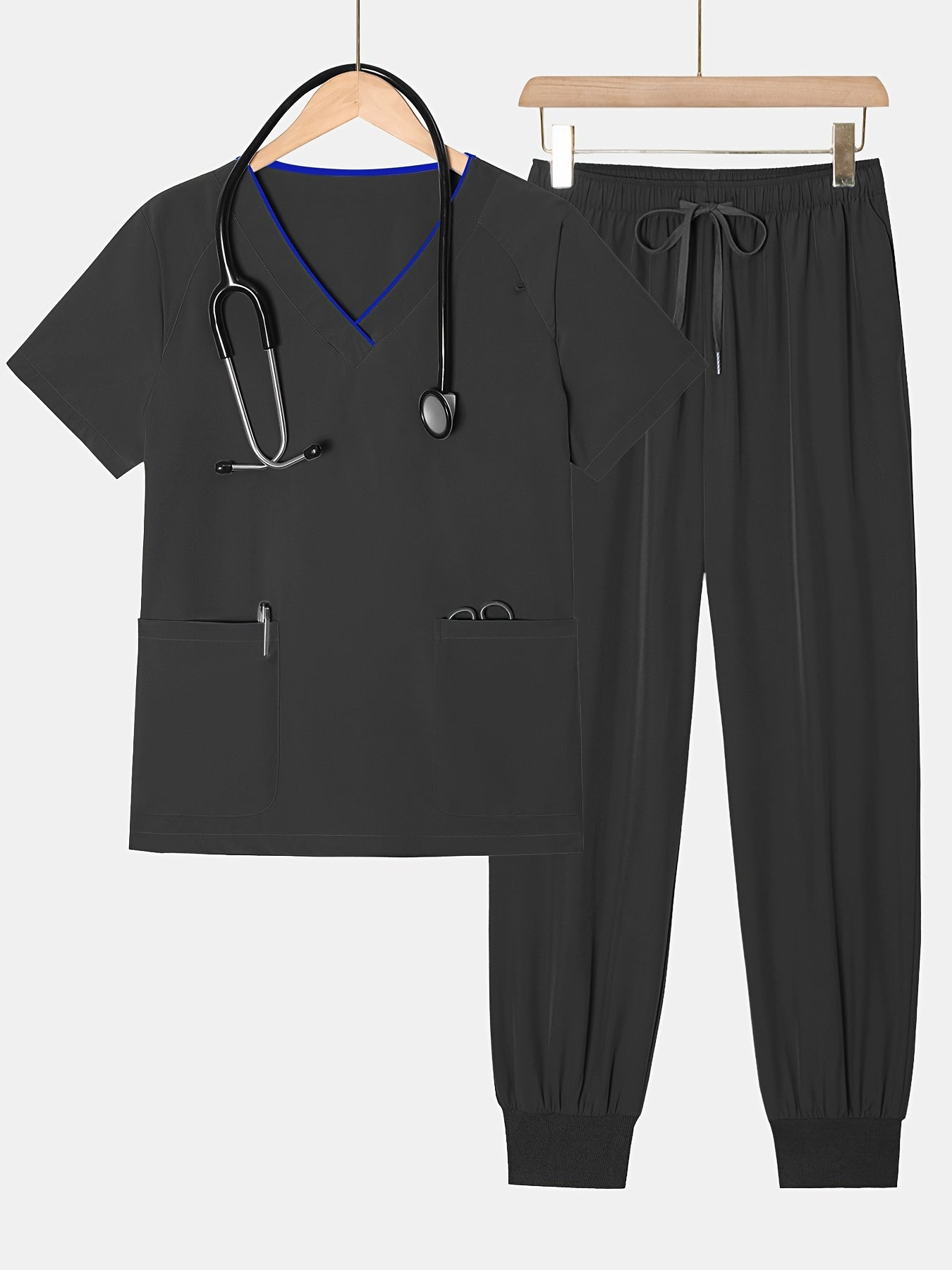 2pcs Set Of Top And Pants, Women's V-neck Frosted Breathable Pocket S Uniform, Brushed Hand Clothes, Work Clothes, Hand Washing Clothes, Pocket Clothes, Leg Binding Pants Set
