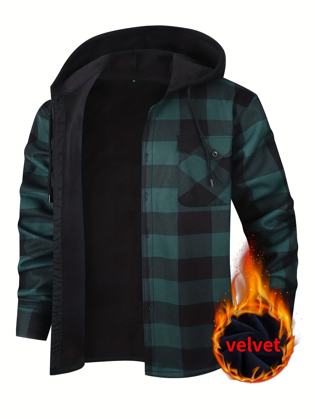 Men's Hooded Plaid Shirt Jacket with Flannel Lining - Thickened Winter Coat, Button Front, Black/White/Gray/Beige Plaid, Euro/American Sizing, Casual Outdoor & Formal Wear (Hand Washable) - Blazer Coat for