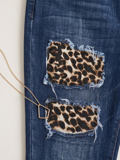 Women'S Mid- Rise Skinny Jeans with Leopard Print Patches& Ripped Details, Dark Wash, Stretchy Fabric a Flattering Fit, Edgy& Casual Styles