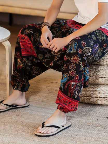 Men'S Stylish 100% Loose Colorful Fans Pattern Pants with Pockets, Casual Breathable Comfy Trousers for City Walk Street Hanging Outdoor Activities