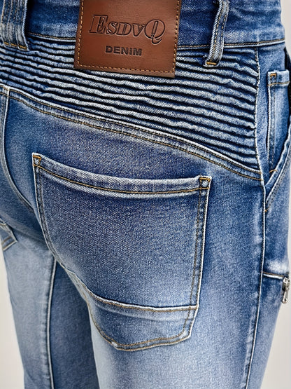 Men's Vintage Washed Motorcycle Pants - Slim Fit Stretch Denim with Elastic Panels, Mid-Stretch Comfort & Zipper Closure, Machine Washable All-Season Casual Riding Jeans