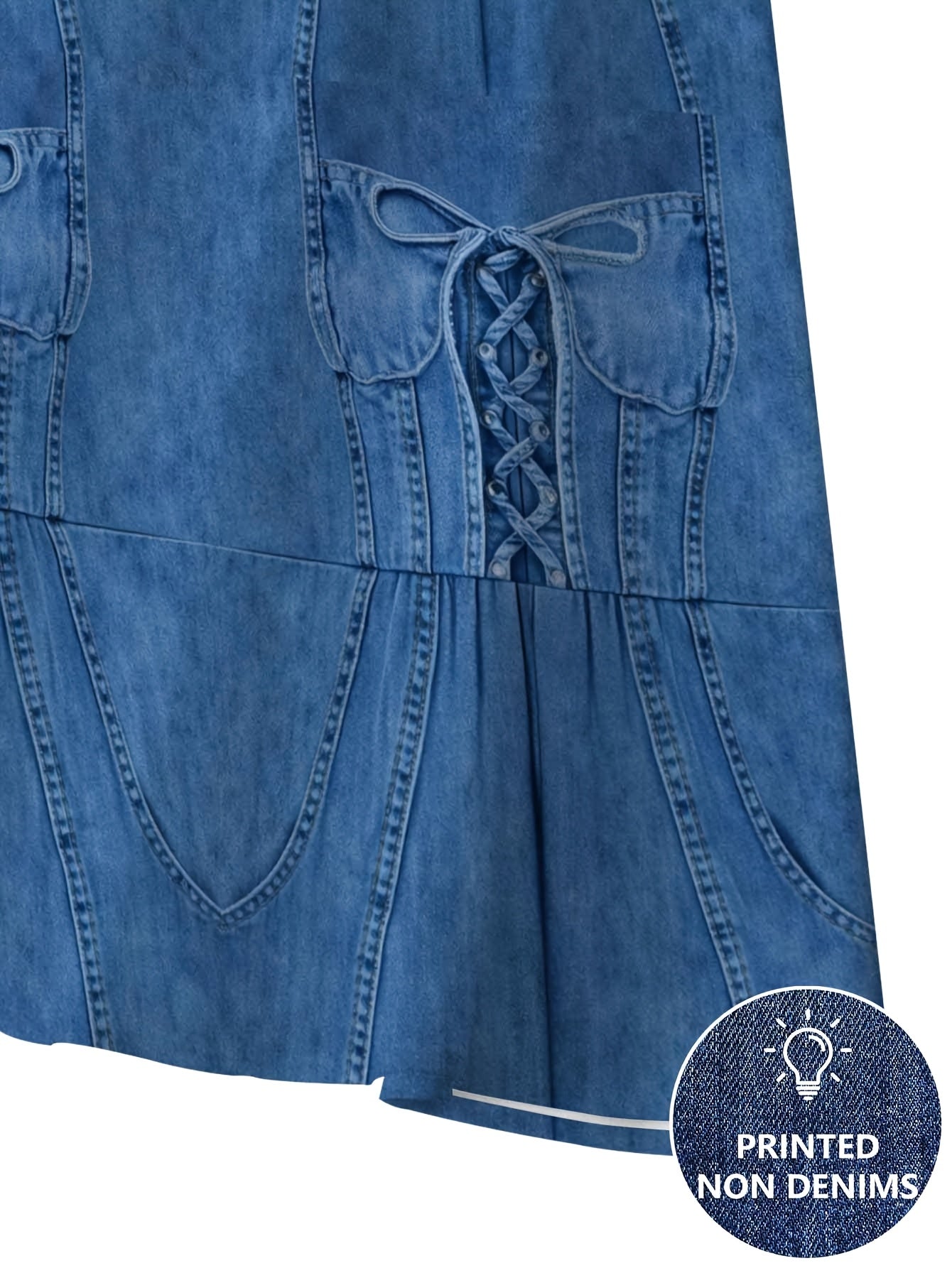 Printed - Not Denim Fabric Blue LaceUp Corset Detail Women's ALine Skirt Elastic Waist, HalfLength, Flowy Design for Spring And Summer, Casual Chic Wear, Polyester Fabric