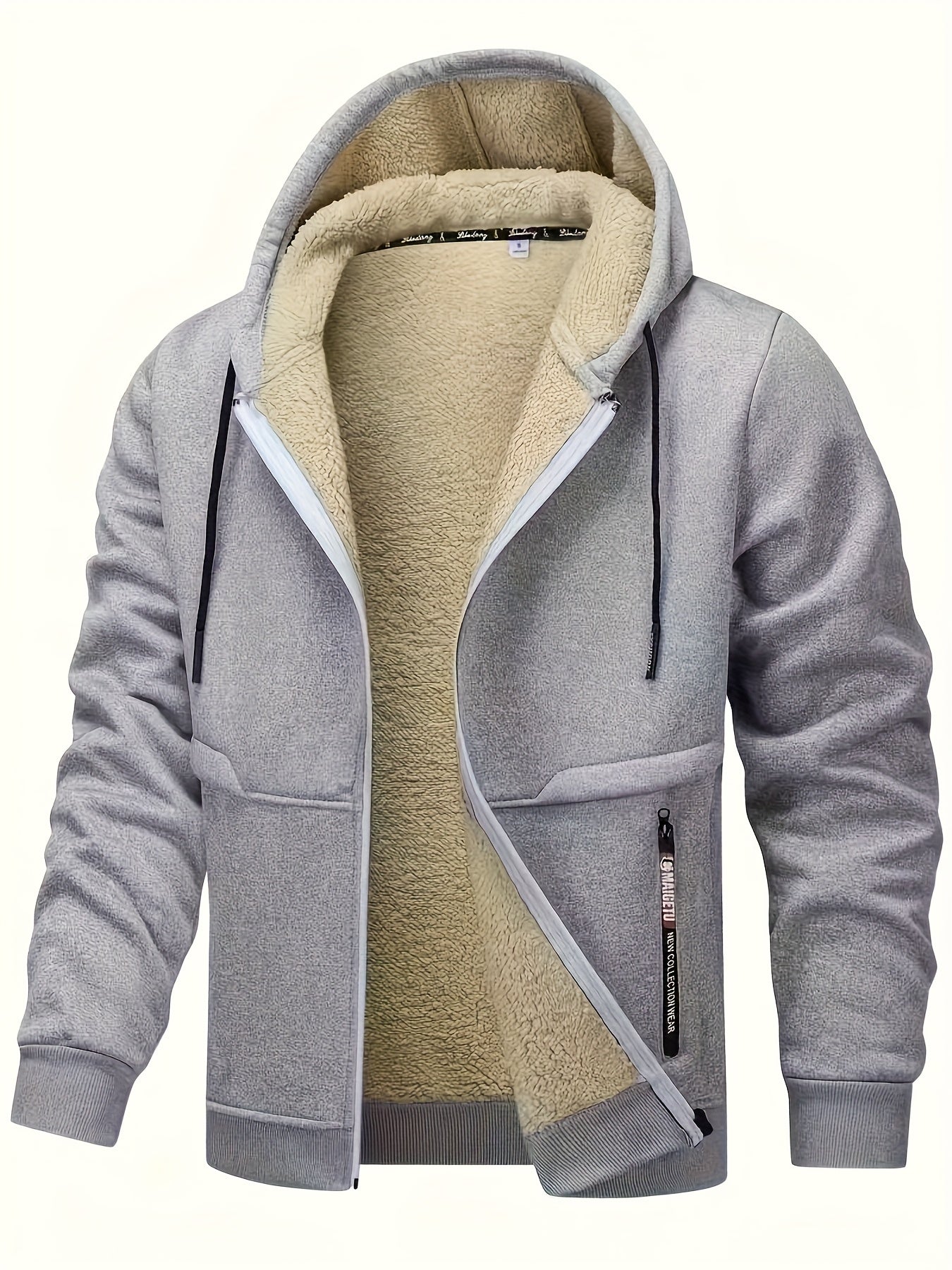 Men'S Fashion Lined Hooded Jacket - Warm And Comfortable Solid Color Zip-Up Casual Polyester Coat With Drawstring Hood For Cold Weather | Stylish Hooded Jacket | Fleece Lined Hoodie