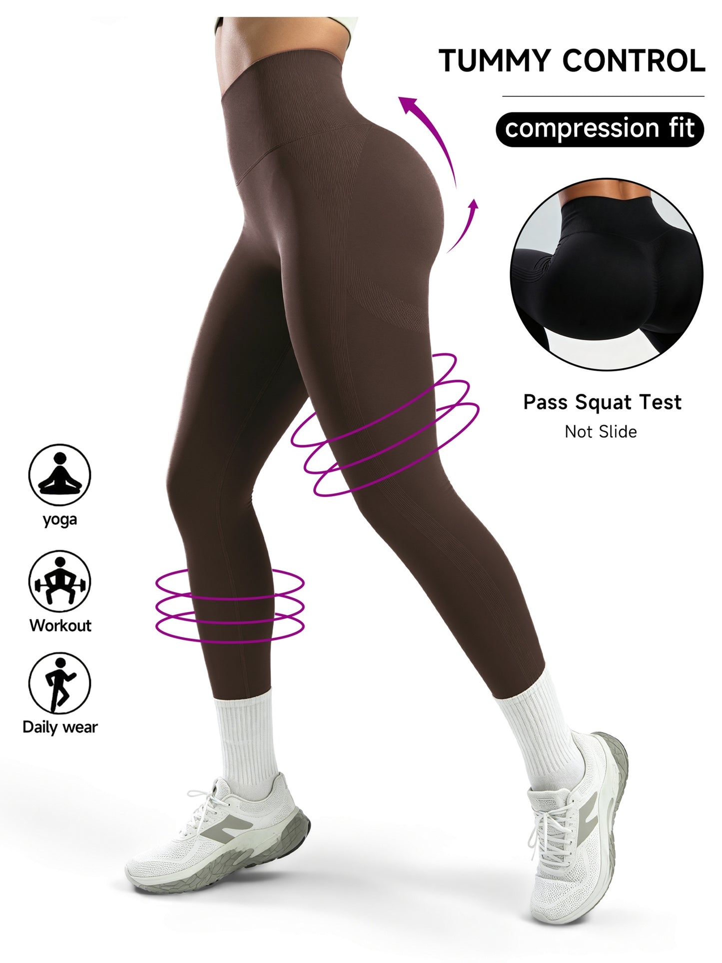 Women's High Waist Peach Lift Yoga Pants- Tummy Control, Breathable, Four-Way Stretch, All-Season Fitness Leggings, Brown, Fitness Clothing| Solid Color Design| High Elastic Fabric