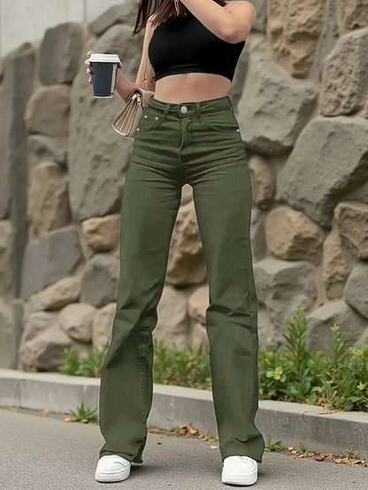 Women's 2026 New Military Green Straight-Leg Jeans - Stretch Denim Pants with Super Soft Breathable Fabric, Straight-Cut Leg for - Daily Wear, Casual & -Casual Outfits (Machine Washable) - Non- Solid Color