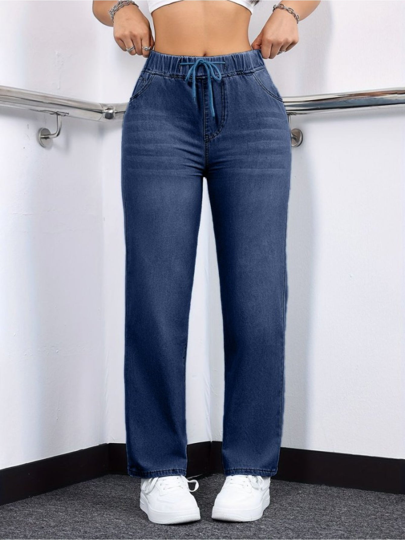 1pc Women's High-Waisted Wide-Leg Jeans Pants - Retro Straight Leg Trousers with Drawstring Waist, Soft- Fabric Suitable for Daily & Streetwear Outfits, Full-Length Bottoms, Hand Washable, Spring/Autumn Wardrobe Essential