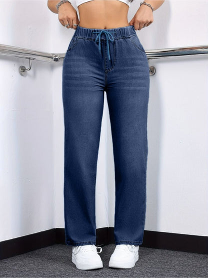 1pc Women's High-Waisted Wide-Leg Jeans Pants - Retro Straight Leg Trousers with Drawstring Waist, Soft- Fabric Suitable for Daily & Streetwear Outfits, Full-Length Bottoms, Hand Washable, Spring/Autumn Wardrobe Essential